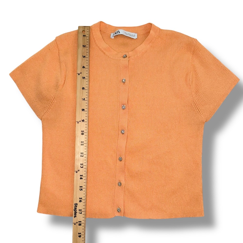 ZARA Ribbed Cardigan Sweater‎ Women's M Orange Rhinestone Short Sleeve - Picture 3 of 10